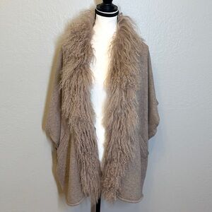 Alberto Makali Mongolian Fur Trim Wool Knit Cardigan Poncho Taupe